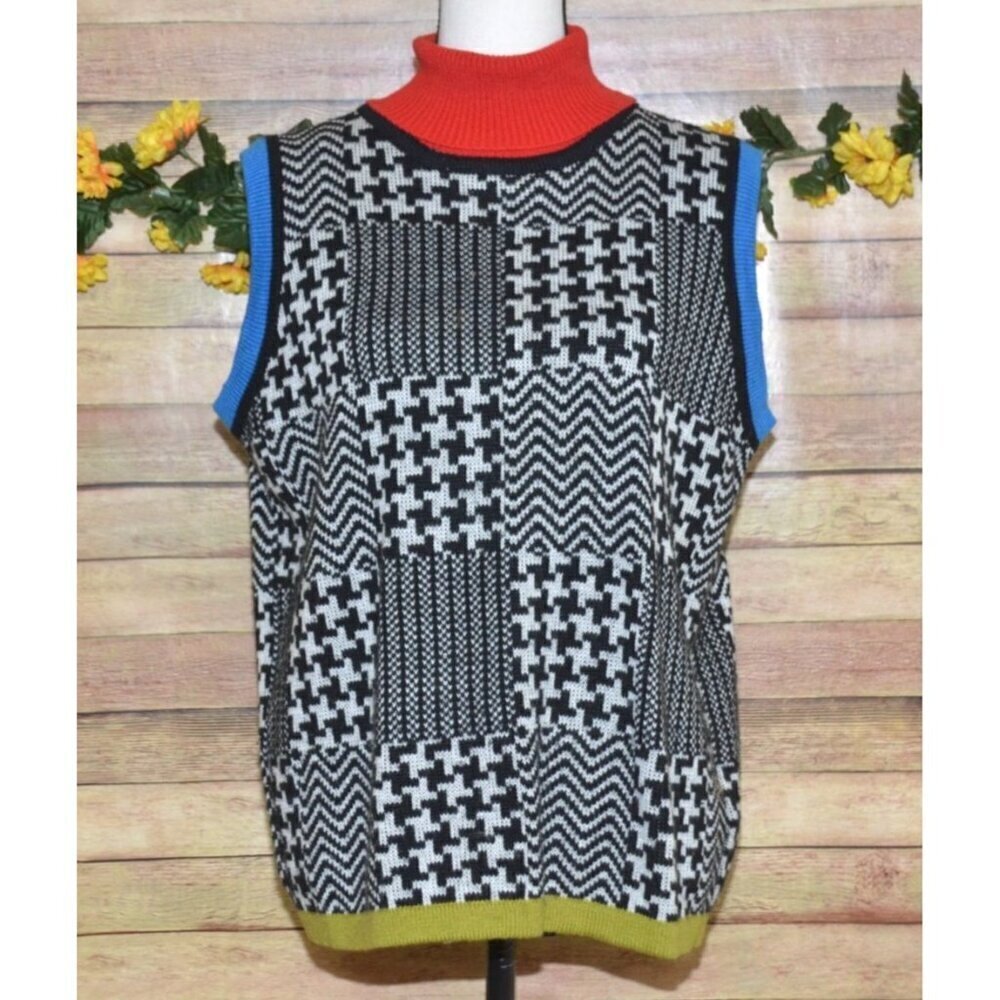 Vintage Cervelle Retro Colorful Houndstooth Patchwork Turtleneck Vest Size L